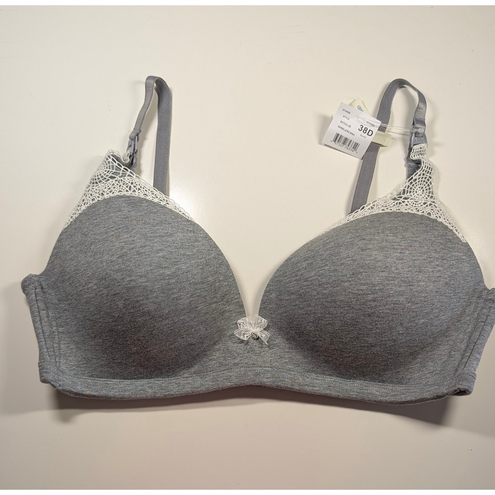 Motherhood Maternity Wireless Nursing Bra 38D Heather Gray Lace Trim 95703 NEW